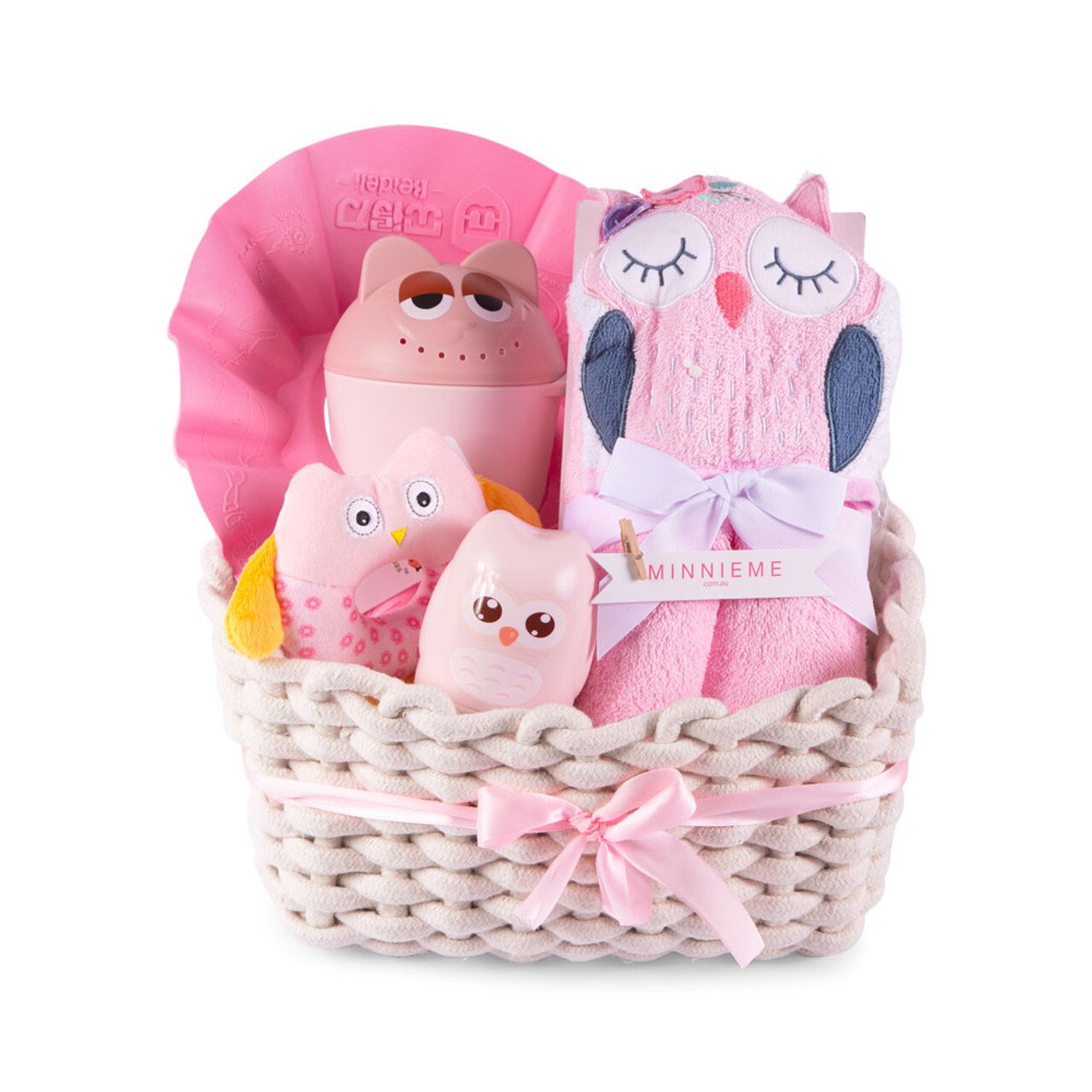 New Baby Bath Time Hamper Gift Set Pink Owl Basket Set